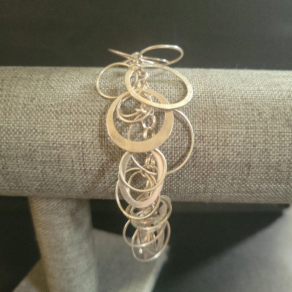 Sterling Silver Multi Circle Charm Dangle Link Bracelet 7 Inch 925 Italy Size 7